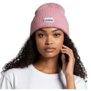 Ganni Pink Ribbed Beanie